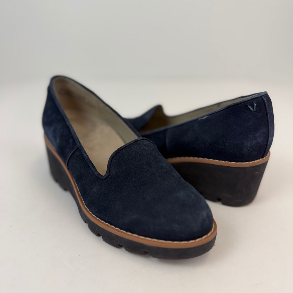 Vionic Willa Wedge Loafers Navy Blue Suede Water Repellent Platform Shoes Size 5